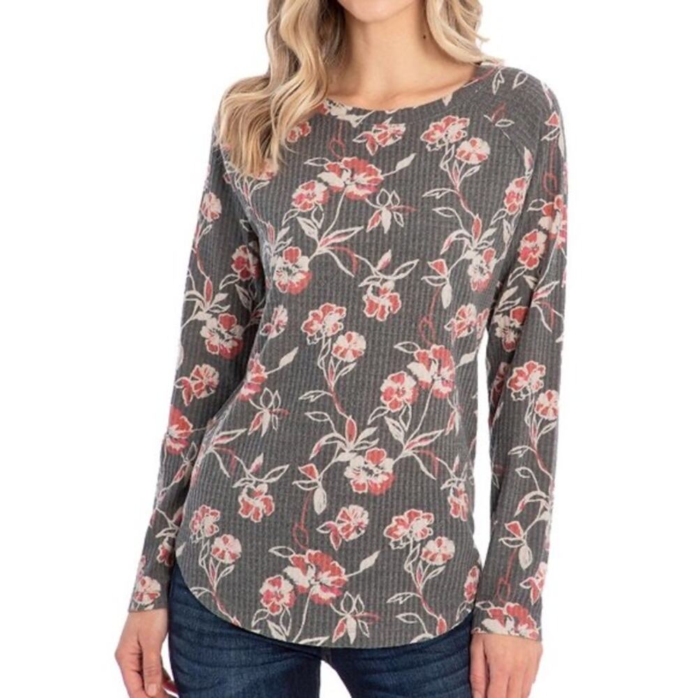 NWOT PEACE & PEARLS Sweatshirt L Grey Pink Floral Waffle-Knit Thermal Curve-Hem